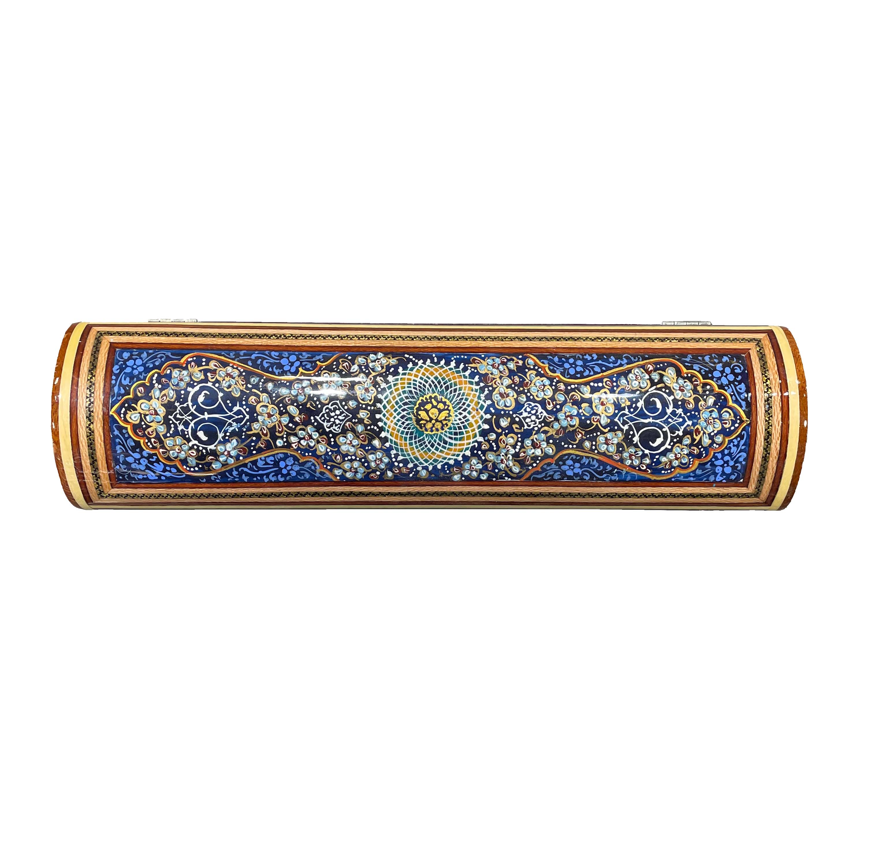 İran Ahşap Kalemlik Sedef Kakma Sandık Tipi - Sarmal Desenli Lacivert - 30 cm