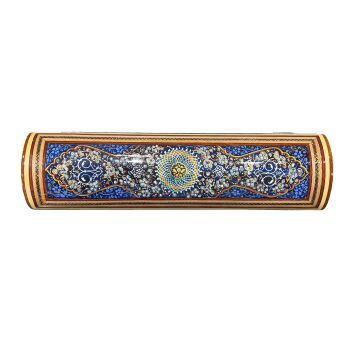 İran Ahşap Kalemlik Sedef Kakma Sandık Tipi - Sarmal Desenli Lacivert - 30 cm