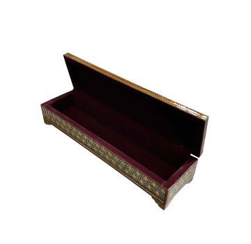 İran Ahşap Kalemlik Sedef Kakma Düz Sandık Tipi - Çiçek Desenli turkuaz  - 30 cm