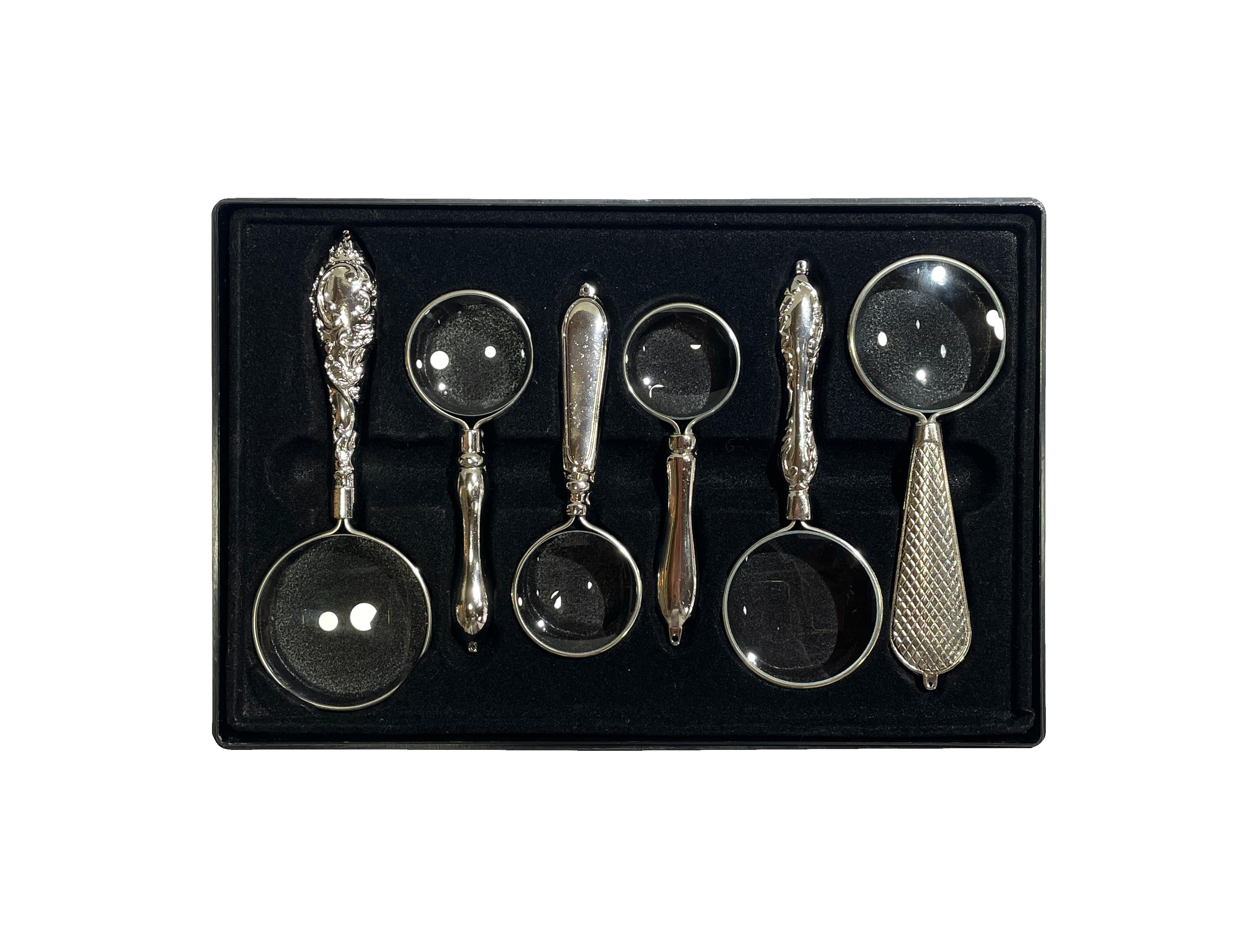 Vera Sanat Gümüş Renkli İşlemeli Saplı 6'Lı El Büyüteci Seti (32-40-45 mm)